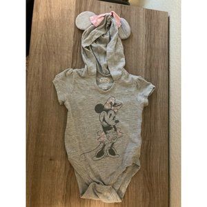 Disney Baby Classic Minnie Mouse Gray Hooded Bodysuit Bow Ears Short Sleeve GUC